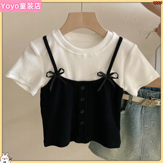 【Yoyo童裝店】兒童短袖夏季新款韓版洋氣中小兒童女孩寶寶可愛蝴蝶結假兩件短袖T恤上衣