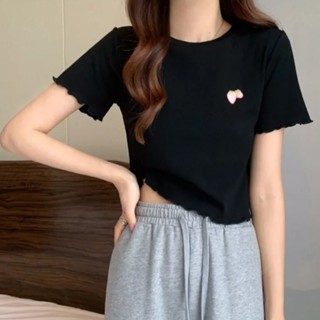 夏季場合蕾絲飾邊甜草莓刺繡女式短款上衣