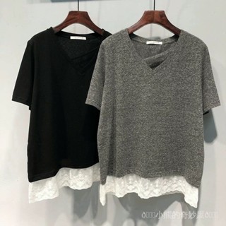 【臺灣出貨】【店鋪熱銷】2-300斤大碼女裝下擺拚接蕾絲短袖T恤女夏季新款胖MM顯瘦V領上衣