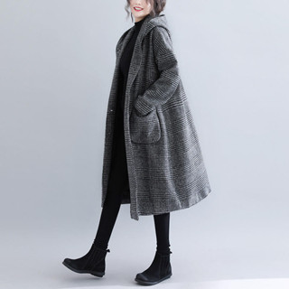 2025秋冬女裝新款千鳥格紋韓版大碼寬鬆顯瘦百搭長款 毛呢外套 風衣