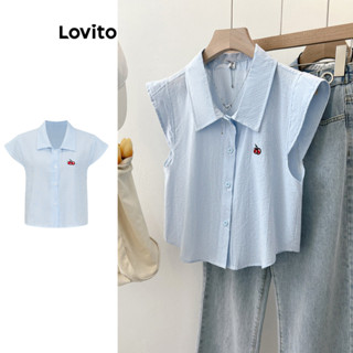 Lovito 女士休閒條紋羈扣刺繡襯衫 L99ED677