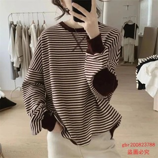 韓範 寬鬆條紋圓領衛衣 女裝 秋款 潮牌 日系 休閒 上衣 長袖 秋季 韓版 套頭 無帽 外套 簡約 時尚 ins風