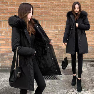 加厚【內鋪毛】保暖中長版縮腰修身連帽外套歐美韓版英倫風學院風性感百搭大毛外套拉鍊大毛領兔毛鋪毛防風禦寒軍裝風衣外套大衣#