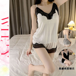 🌸WIE' Y🌸「莫代爾睡衣女」 兩件式睡衣 夏天睡衣 性感睡衣 帶胸墊睡衣 夏季蕾絲吊帶短褲 睡衣套裝 韓國家居服