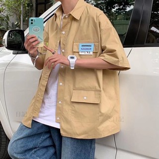 復古簡約口袋工裝五分袖襯衫男 寬鬆百搭襯衫 夏季街頭短袖上衣【日記】