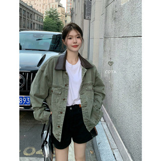 牛仔外套 防風外套 外套女 外套 美式復古牛仔外套女春季2025新款高階感polo領寬鬆BF風長袖上衣潮