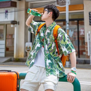 男士夏季休閒加大碼寬鬆短袖印花襯衫夏威夷襯衫沙灘花襯衫度假襯衫夏季沙灘花