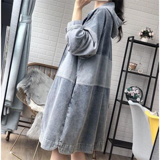 🎉新品熱賣🎉牛仔風衣女韓版中長款寬鬆春鞦裝新款時尚氣質連帽拚接外套大碼潮
