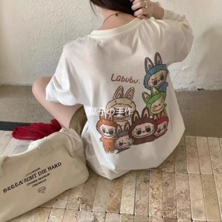 ✨潮流爆款卡通可愛拉布布長袖T恤女 秋季新款寬鬆大碼圓領上衣 長袖上衣女 labubu女裝 女生打底上衣