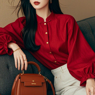 【❤️臺灣出貨】新中式上衣 安可拉紅色穿搭 國風紅色長袖襯衫女 初秋季高階感上衣氣質小衫 中式立領上衣