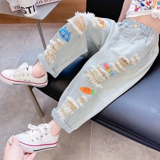 牛仔褲破洞 窄管牛仔褲 寬鬆牛仔褲 女童牛仔褲 夏季新款 兒童塗鴉破洞休閒褲 薄款女寶夏裝褲子