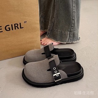 初禧の💕【店鋪熱銷】複古灰色包頭半拖鞋女外穿厚底勃肯鞋2025春鞦季一腳蹬懶人穆勒鞋