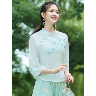 初色 服飾 繡花漢服女 原住民服飾 仙氣漢服女裝中國風唐裝春秋民國復古禪意茶服兩件套改良旗袍上衣