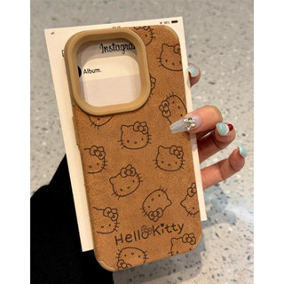 Ins全面屏hello Kitty圖案棕色皮革圖案防摔手機殼適用於iPhone 16 Promax 15 Promax