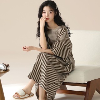 《現貨下單》【店鋪熱銷】條紋睡裙女士夏季學生休閒外穿全棉居家洋裝睡衣家居服女生家居服居家服短袖睡衣夏天睡衣女