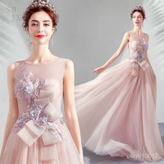[生活精選]晚禮服宴會主持人新款結婚訂婚伴娘服宴會長款年會無袖輕婚紗洋裝
