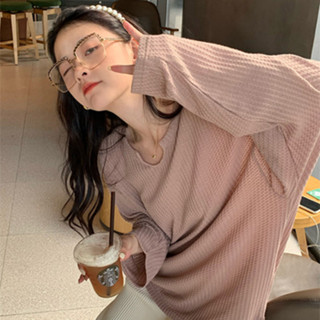 長袖上衣 上衣女 內搭 秋季華夫格大學T女薄款韓版寬鬆學生長袖T恤女上衣