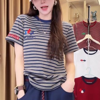 現貨 夏季新款大碼女裝字母刺繡條紋短袖T恤2025夏季新款休閒百搭顯瘦胖mm上衣YM