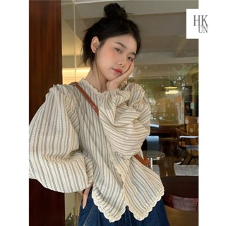 【H Kun】設計感小眾蕾絲花邊條紋襯衫女春季2025新款寬鬆內搭薄款長袖上衣
