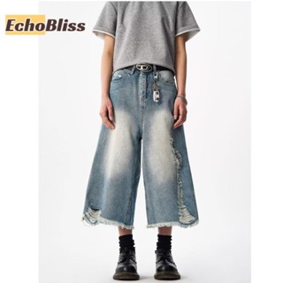 EchoBliss 男士牛仔褲 美式復古破洞毛邊梨型寬鬆短褲