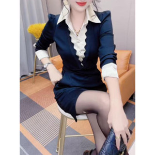 加絨襯衫連衣裙女秋冬新款時尚氣質收腰顯瘦百搭假兩件打底裙 修身顯瘦中長裙 長袖連身裙 連身裙 洋裝 女裝 禮服