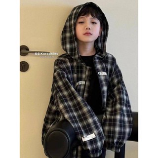 Smile Kids 兒童外套 臺灣出貨 童裝帥氣時尚男孩格紋風衣24春秋新款男童格子拉鍊衫女童連帽外套