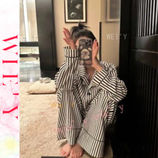🌸WIE' Y🌸「日韓情侶睡衣」長袖家居服 拼色ins日本家居服 韓國家居服 條紋居家服 翻領棉睡衣 女生睡衣 純棉套裝