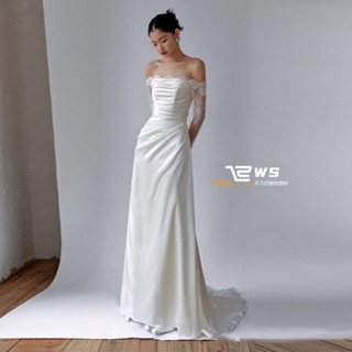 維斯 一字領法式魚尾蕾絲輕婚紗氣質拖尾訂婚宴洋裝禮服森系婚紗攝影旅拍簡約出門紗結婚登記緊身顯瘦蕾絲長袖禮服裙