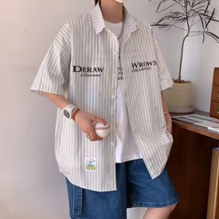 日係複古條紋短袖襯衫男2023年夏季薄款寬鬆bf風休閒情侶襯衣外套