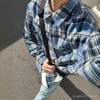 襯衫複古 花襯衫大尺碼 寬鬆vintage男士 襯衫外搭 長袖格子襯衣美式藍色休閒 RX5X