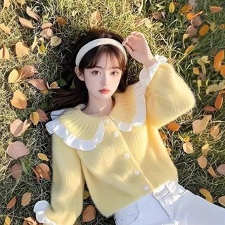 臺灣出貨 黃色娃娃領長袖毛衣外套女大童秋冬新款初中高中學生針織開衫上衣 洋裝 女裝 洋裝女