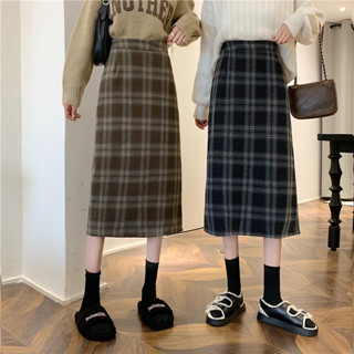 實拍實價~2022年冬季韓版加厚毛呢高腰長裙chi格子中長半身裙女