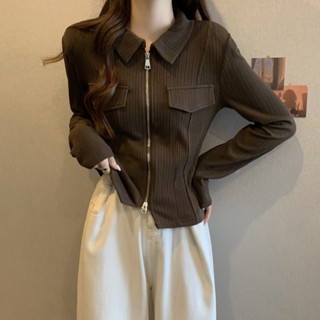 實拍大碼設計感翻領雙拉鏈長袖T恤女秋季坑條顯瘦洋氣小衫上衣