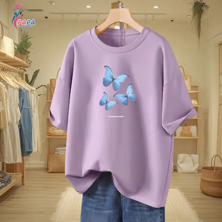 「大碼水水」蝴蝶印花S-3XL寬鬆oversize短袖100%純棉透氣100公斤女裝ins風韓版T恤 A191