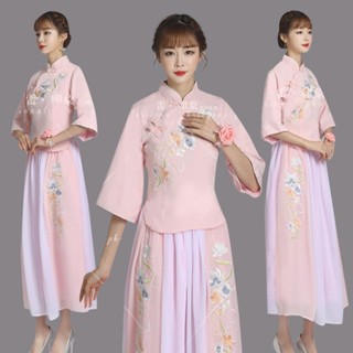 古裝漢服女漢元素旗袍民國套裝中國風古箏表演服中式伴娘禮服復古漢服女漢元素改良旗袍民國