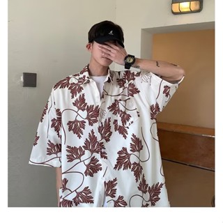『 免運 』襯衫 短袖襯衫 男女花襯衫 長柄花葉 男女寬鬆情侶襯 花襯衫 INS潮夏威夷風 熱海 海邊 衝浪 寬鬆 落肩