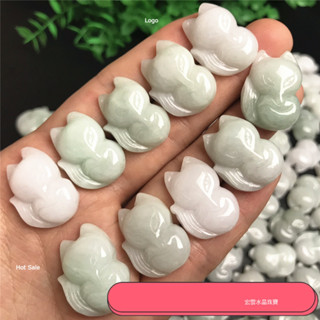 宏雲Hongyun-jf-(1pcs)- 天然翡翠A貨九尾狐吊墜緬甸翠玉小狐狸蓮花玉石掛件直播貨源
