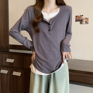 l-4xl 韓版時尚假兩件長袖上衣 大尺碼女裝 秋天女裝 梨形身材 寬鬆顯瘦長袖上衣 打底衫 寬鬆顯瘦上衣 正肩上衣