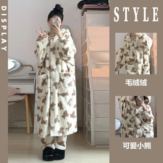 臺灣發貨--可愛小熊連帽珊瑚絨睡衣女冬季2024年新款加絨加厚睡袍家居服睡裙