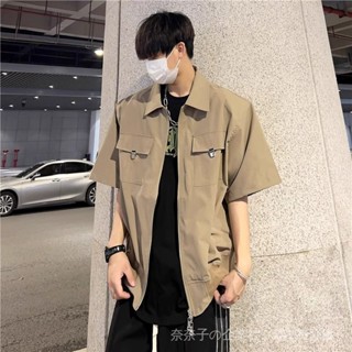 【臺灣出貨】小氣質翻領短袖外套 男士夏季潮流帥氣寬鬆襯衫 金屬設計感工作襯衫