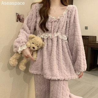 aseaspace.公主睡衣女秋冬天珊瑚絨加厚冬季性感保暖甜美宮廷風外穿家居套裝