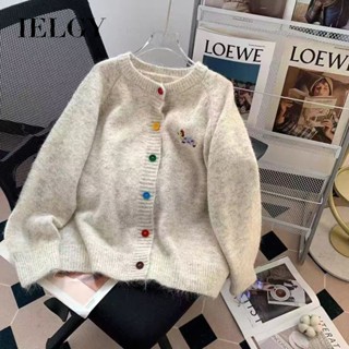 IELGY 慵懶風甜美刺繡針織開衫女七彩鈕扣寬鬆毛衣外套
