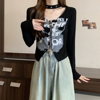 大碼不規則打底衫女秋季胖mm顯瘦內搭掛脖美式印花長袖T恤上衣潮