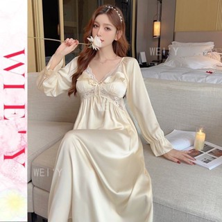 🌸WIE' Y🌸春夏季法式V領簡約性感家居服 慵懶風可外穿帶胸墊高階感蕾絲花邊裙子 冰絲睡裙 長袖睡衣