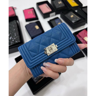 真品chanel le boy 藍銀 錢包 零錢包 卡夾 皮夾 短夾 名片夾 信用卡卡夾 卡包