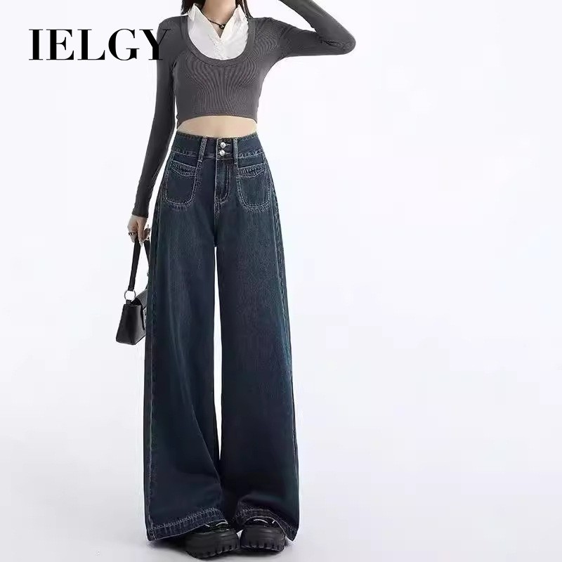 IELGY 美式高腰闊腿牛仔褲女寬鬆落地長褲