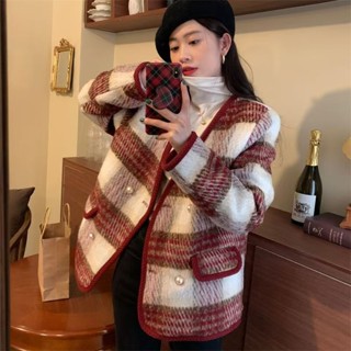 【HOT 本舖】 大碼小香風粗花呢格子外套女裝春秋新款胖mm寬鬆夾棉加厚毛呢大衣