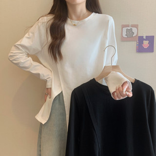 實拍~大碼女裝胖mm正肩寬鬆開叉設計感純色長袖T秋季薄款圓領上衣