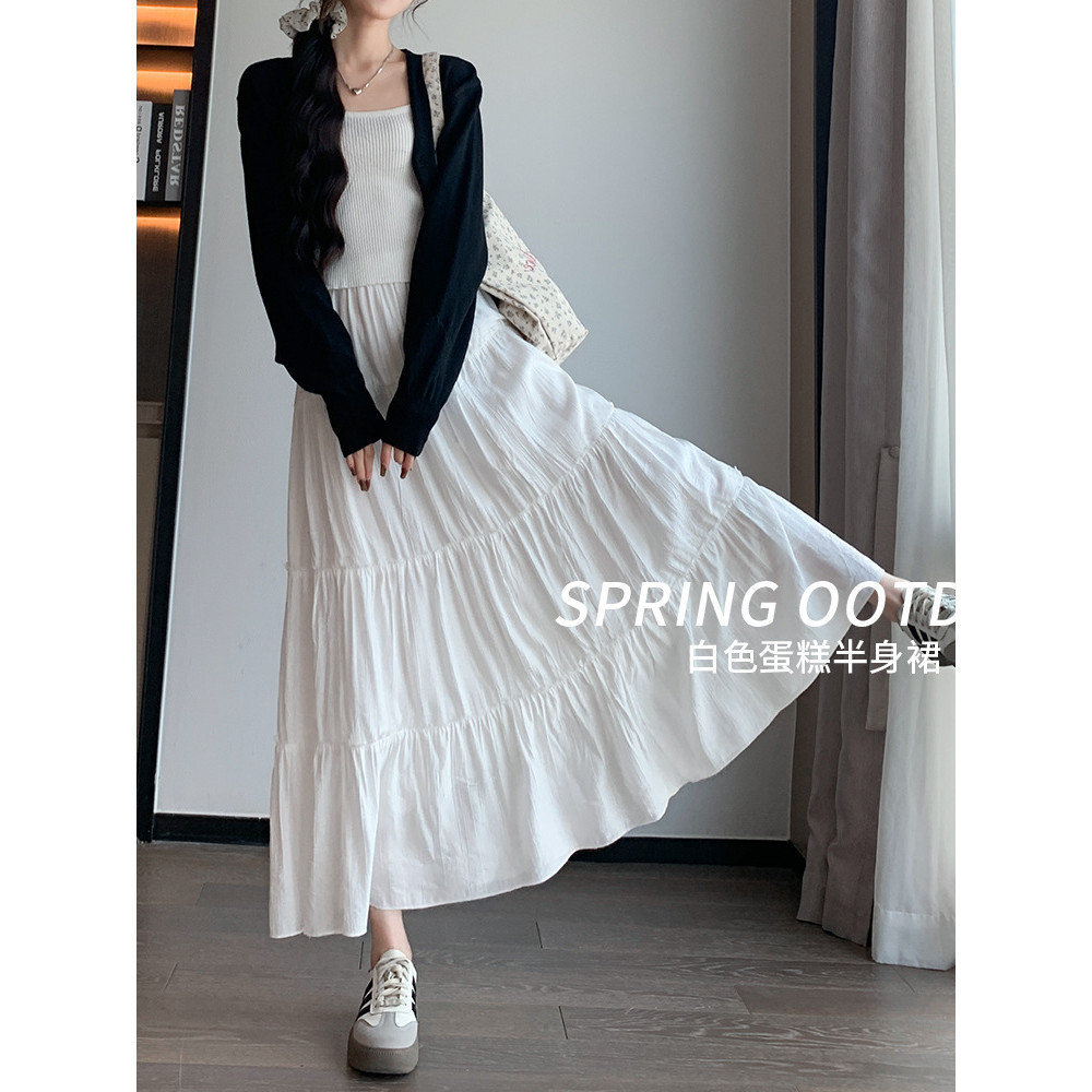 白色半身裙 a字裙 白色蛋糕裙 蛋糕長裙 鬆緊腰長群 高腰顯瘦 蓬蓬裙 女夏小個子長裙 百搭裙子