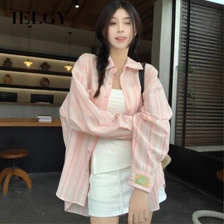 IELGY 女士條紋長袖襯衫薄款寬鬆馬球領上衣